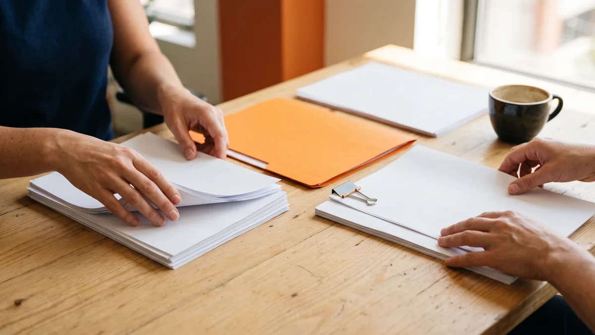 Hands sorting printed benefits eligibility paperwork during a Workday Benefits module configuration review