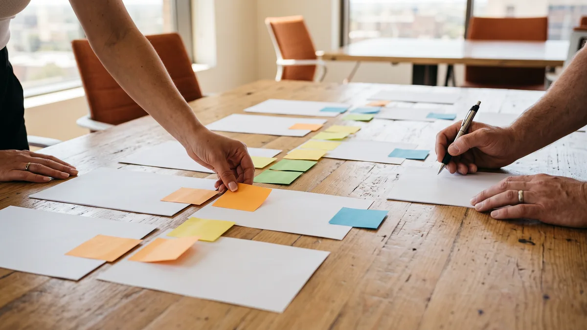 Hands mapping a Workday HCM business process approval chain with printed pages and sticky notes