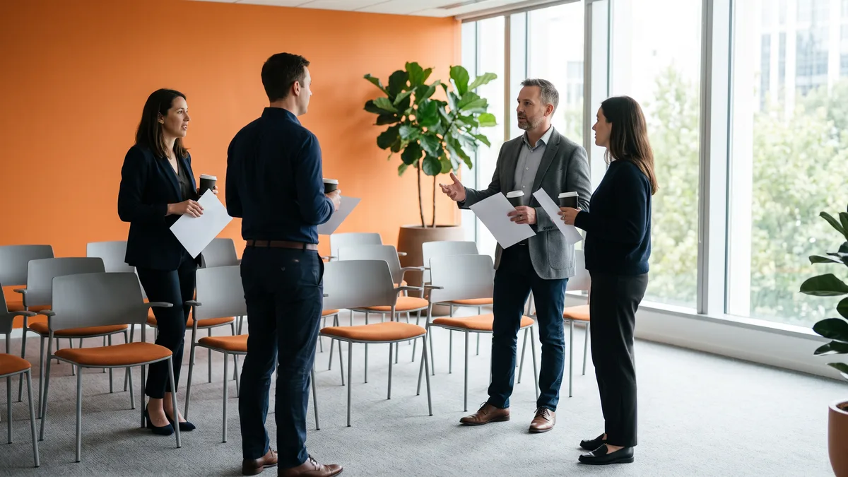 Professionals talking during a break at a Workday Pro certification training session
