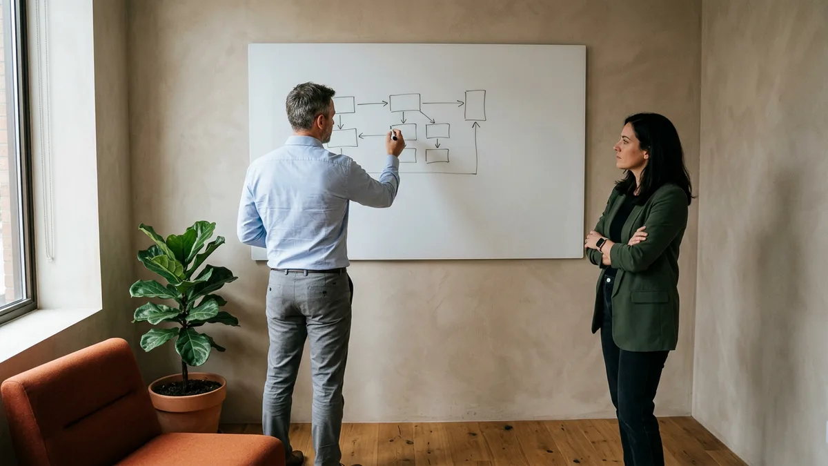 Workday HCM consultant sketching business process steps and approval routing on a whiteboard while a hiring manager watches