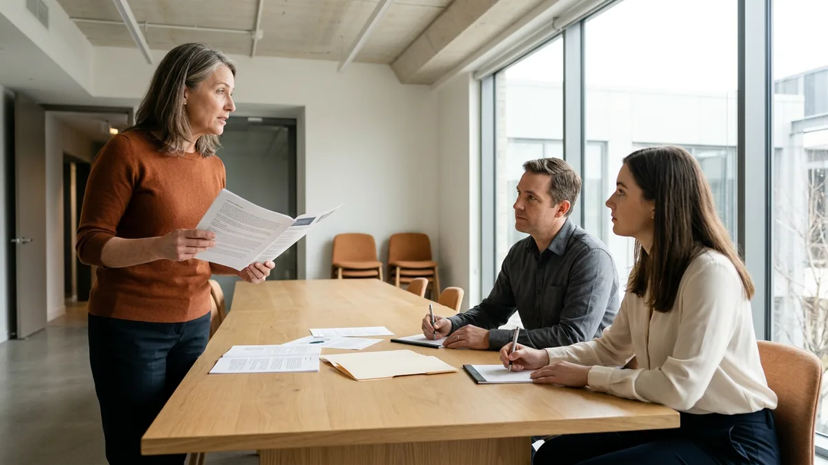 HR director holding a printed report while two interviewers take notes on which Workday HCM modules the role owns