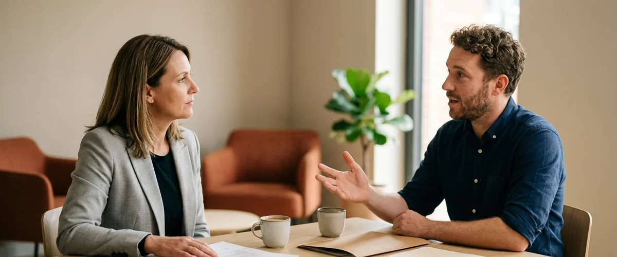 HR leader and Workday HCM consultant seated across a meeting table working through a scenario-based interview question