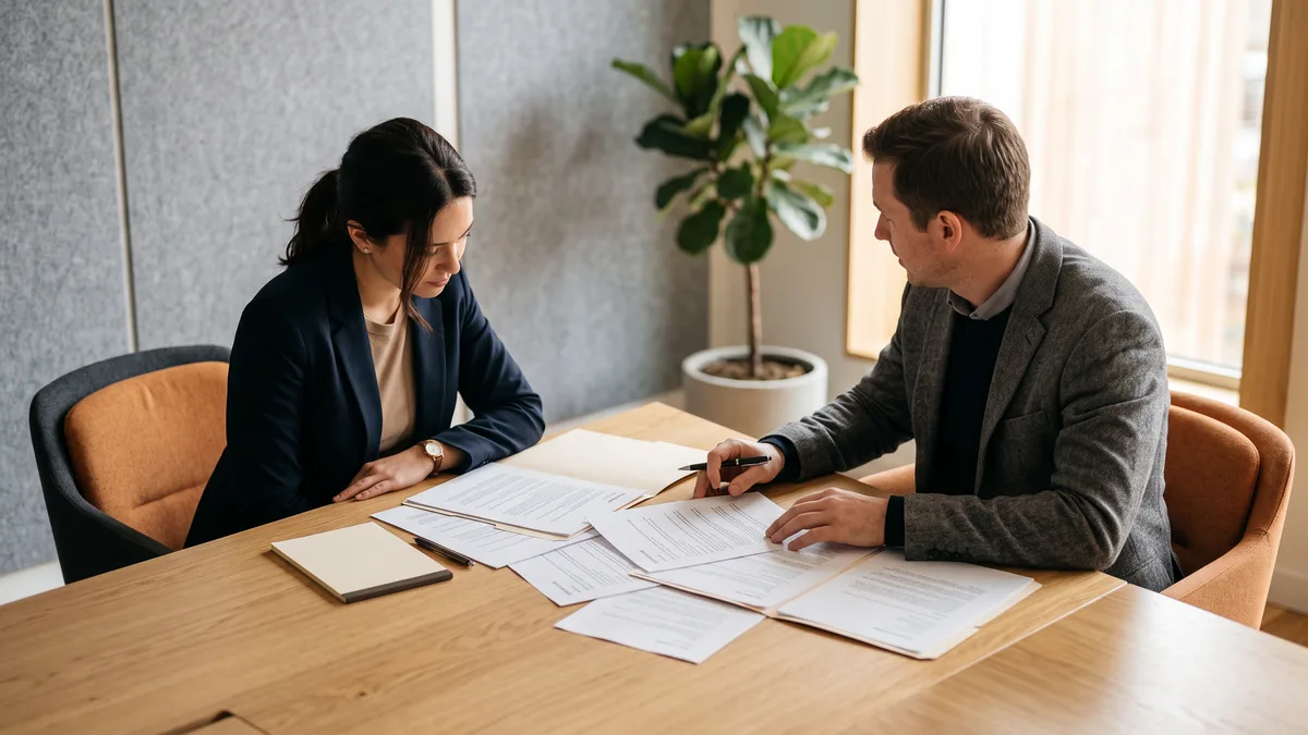 Hiring manager and recruiter reviewing a printed Workday HCM consultant job description at a conference table