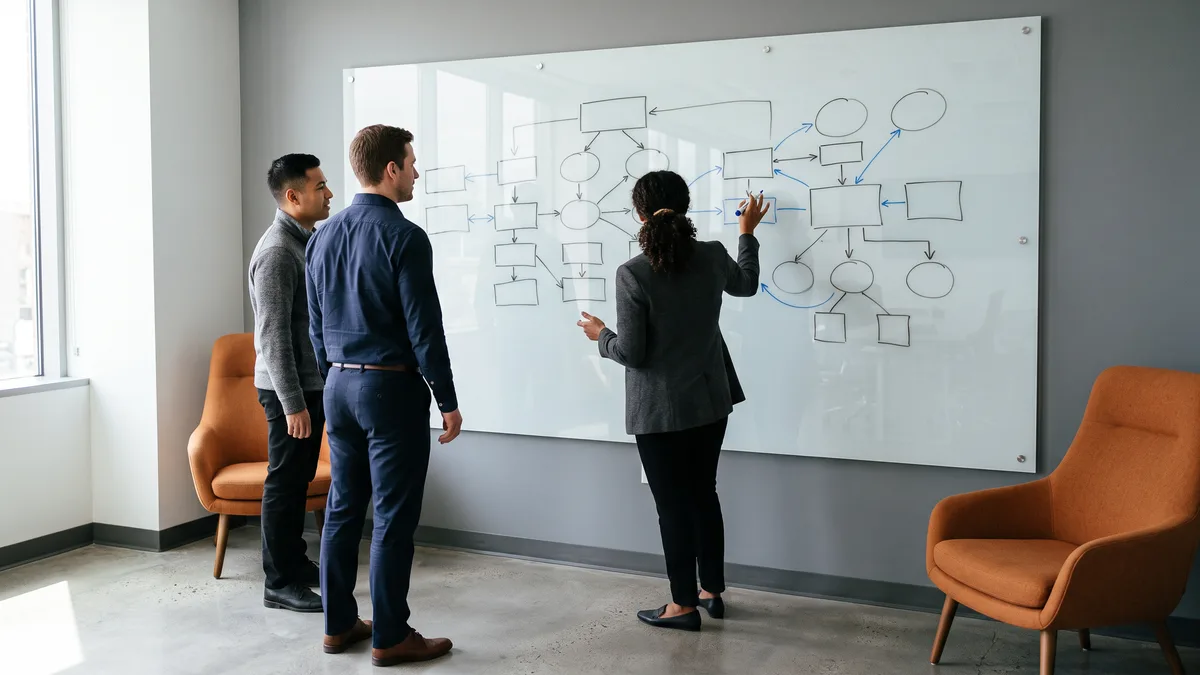 HR technology team mapping Workday tenant scope and module ownership on a whiteboard