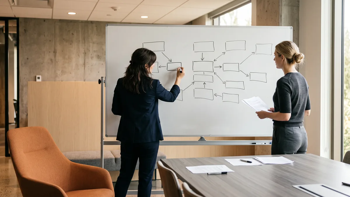 HR technology professionals mapping Workday HCM module scope on a conference room whiteboard