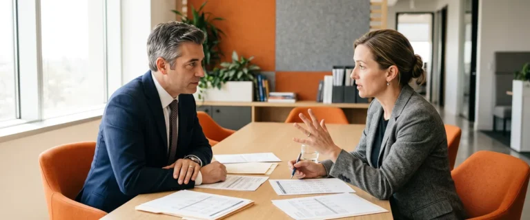 Hiring manager and HR leader comparing Workday HCM consultant salary bands on printed compensation worksheets