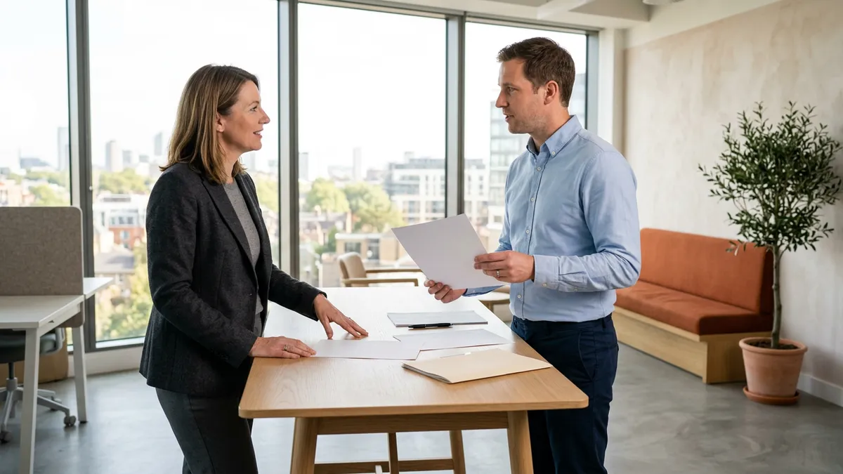 HR systems lead and a Workday HCM consultant reviewing a printed business process design at a standing table