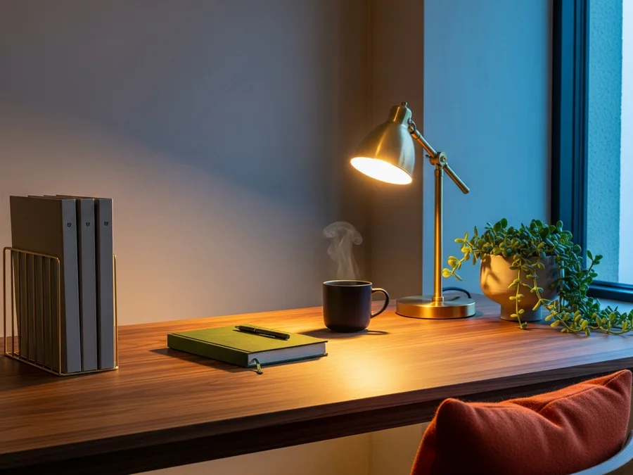 Quiet office desk before dawn with a lit brass lamp, a green notebook and upright folders, KORE1 Workday integration consultant staffing