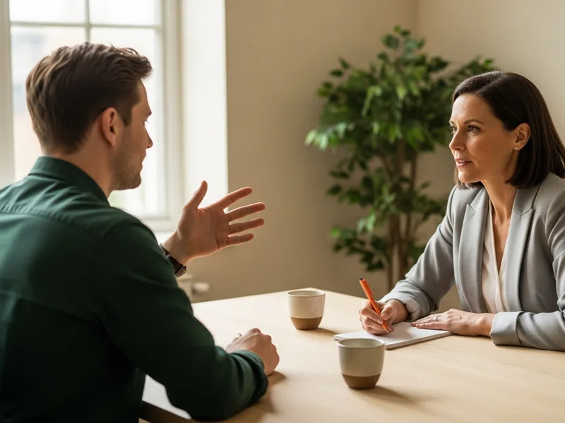 Two technology professionals in a screening conversation at a meeting room table, KORE1 Workday integration consultant screening