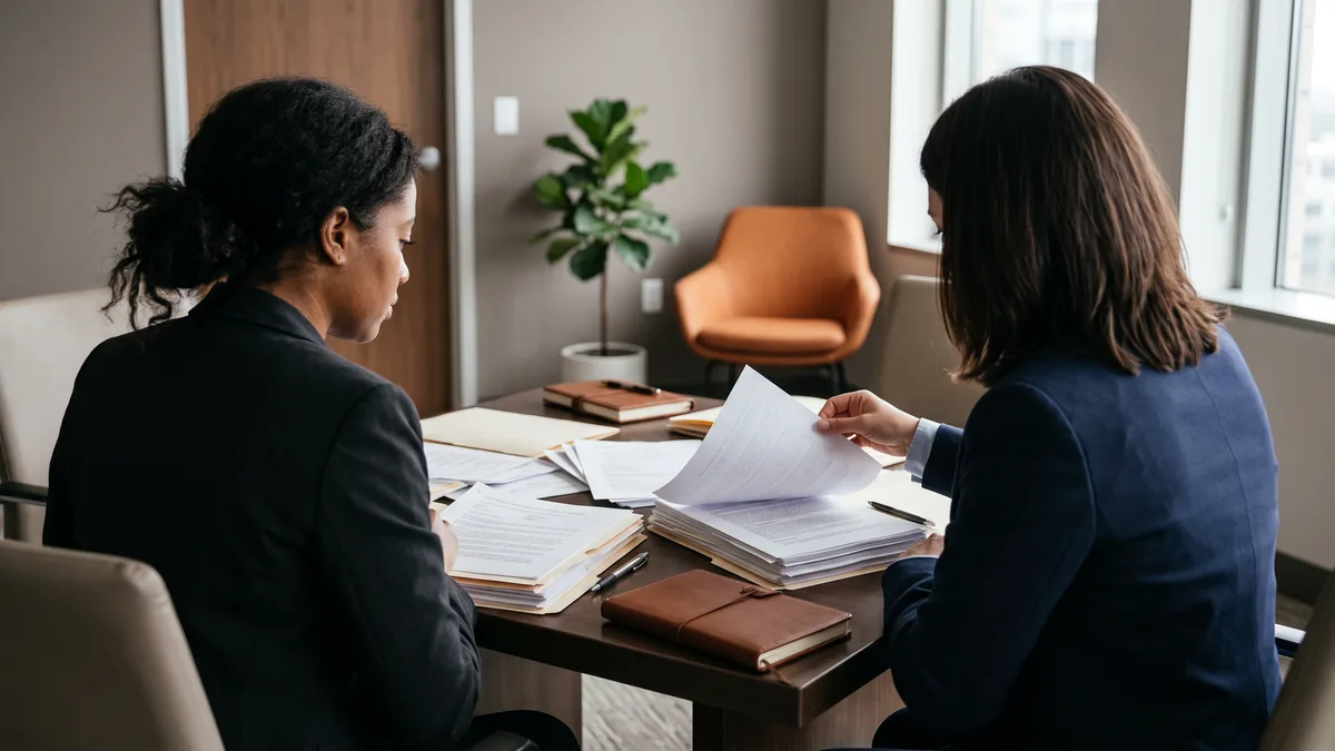 HR leader and legal counsel reviewing printed independent contractor classification documents