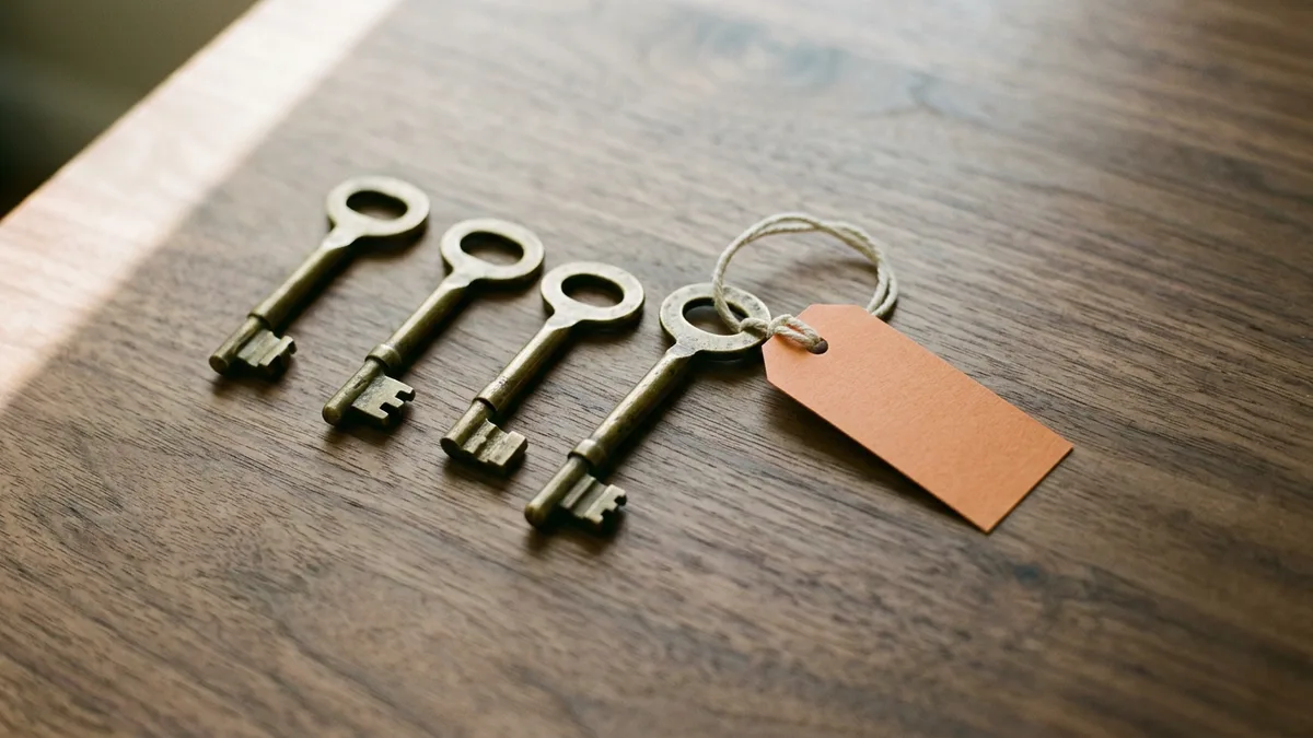 Four similar brass keys in a row with a blank orange tag, a stand-in for one account debtor spelled four ways on an aging