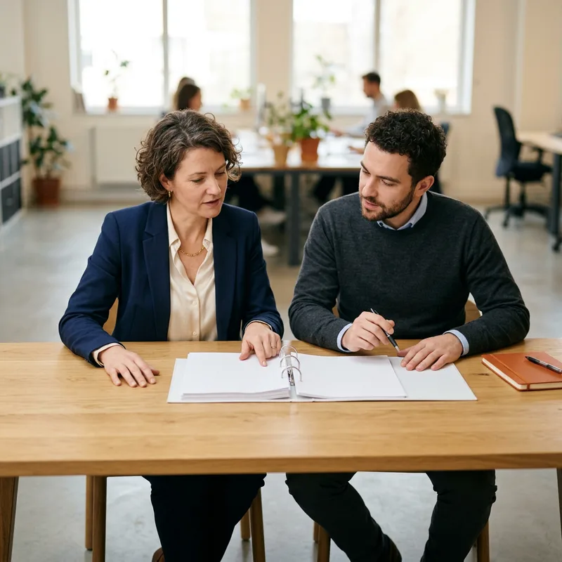 Finance manager and contract accountant reviewing a trial balance together at a shared workstation