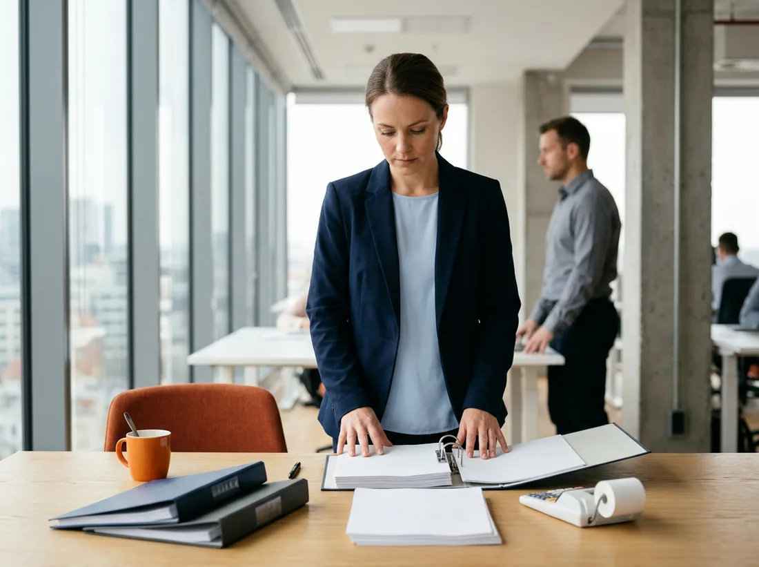 Contract accountant working through a month-end close checklist with a finance team in a bright office