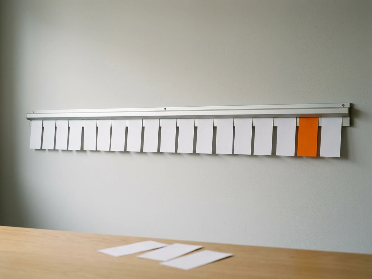 Single-file line of blank white paper slips clipped to an aluminium order rail, with one orange slip near the end