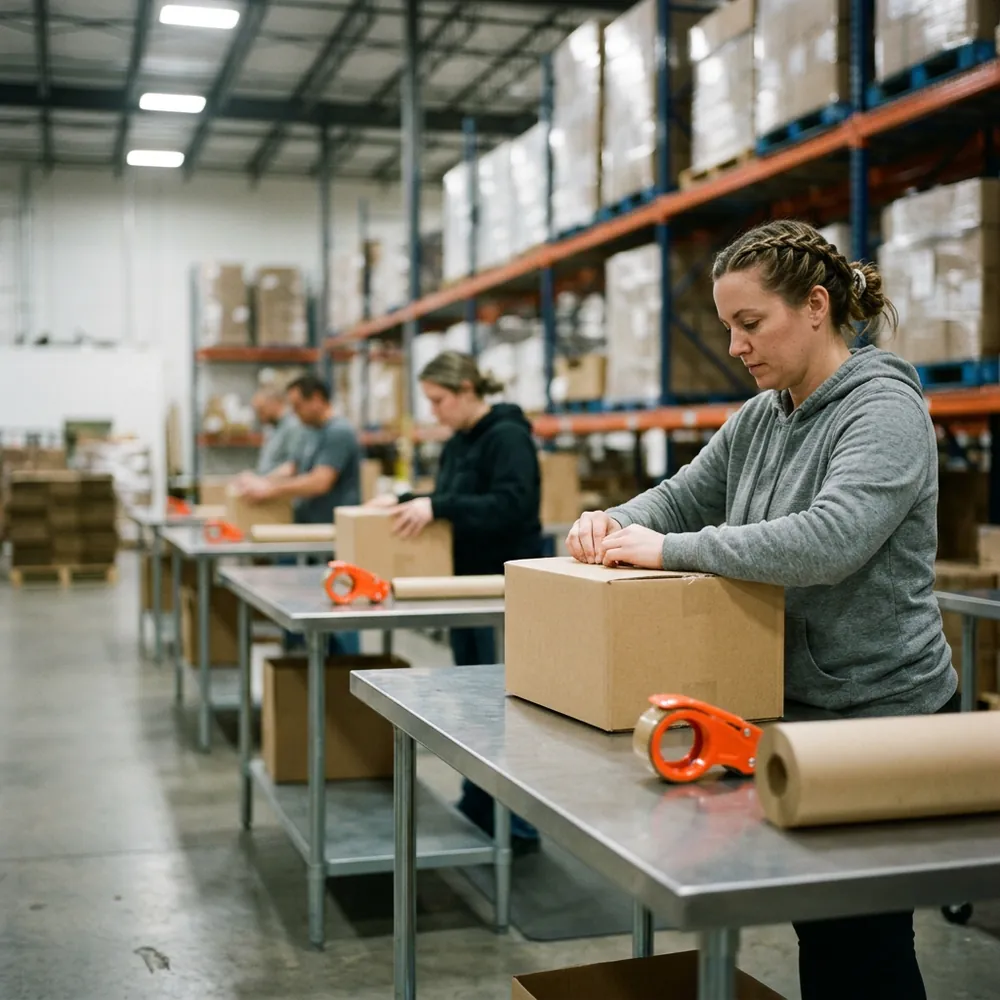 Warehouse workers packing orders at a row of stainless steel benches with orange tape dispensers in a distribution center