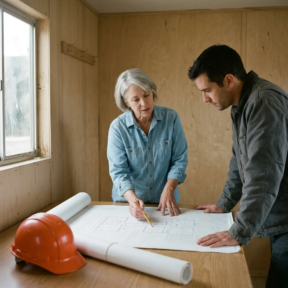 Project controller and ERP consultant reviewing unrolled drawings at a plan table in a construction site trailer, orange hard hat beside them