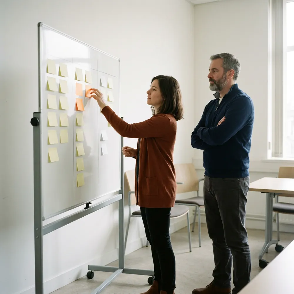 Two colleagues moving blank sticky notes between columns on a rolling whiteboard, one holding an orange note
