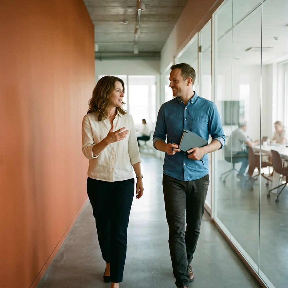 Recruiter and agency hiring manager talking as they walk down an office corridor beside an orange wall