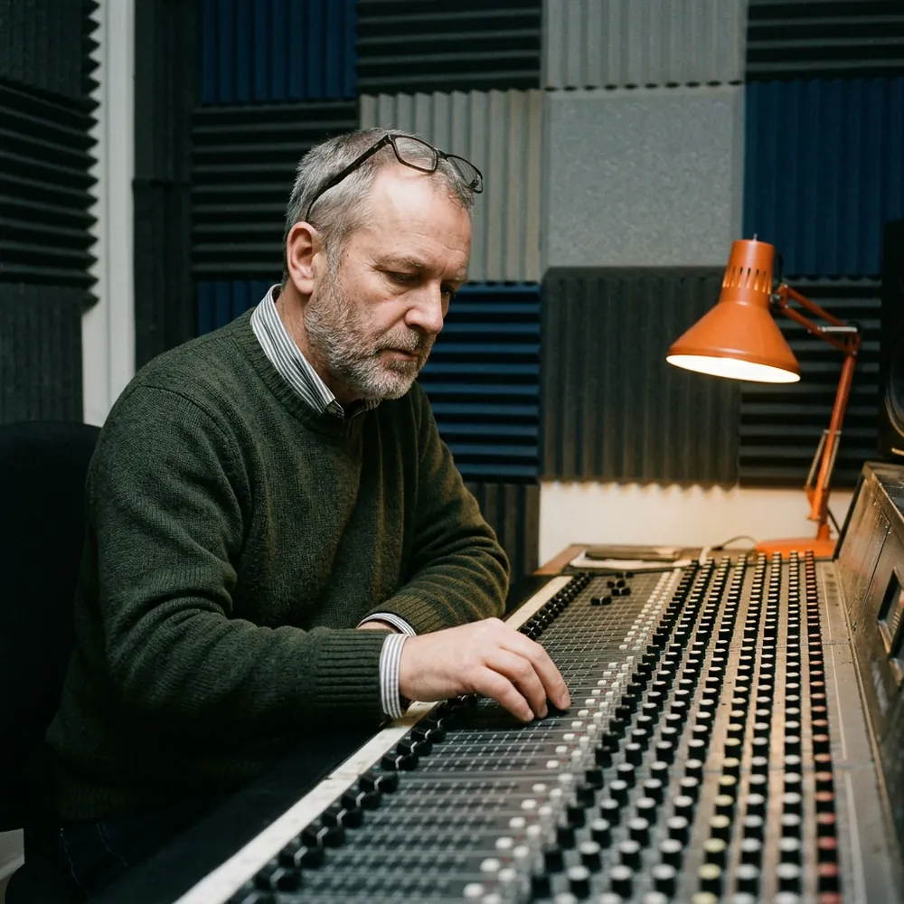 Broadcast station operator seated at a mixing console with unmarked faders in a dim control room