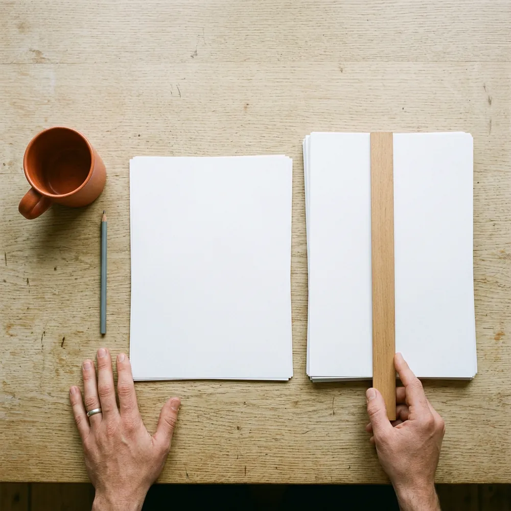 Two stacks of blank paper side by side on a wooden desk, one being checked with a wooden ruler