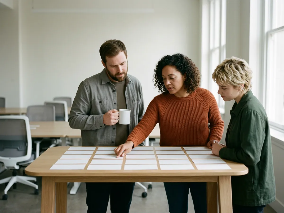 Ad operations team at a standing table in an agency office reviewing rows of cards before the workday starts