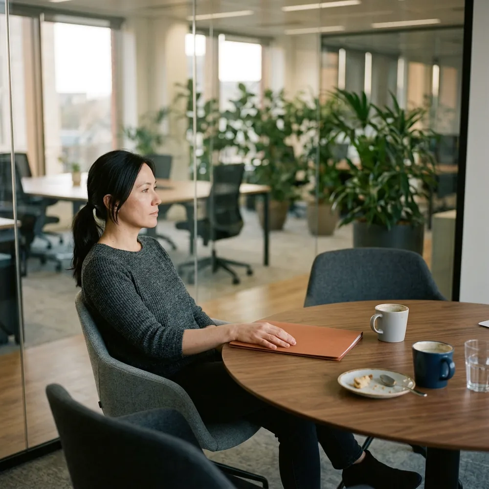 Account director sitting alone in a glass-walled meeting room after a client review, one hand on a closed orange folder beside empty coffee cups