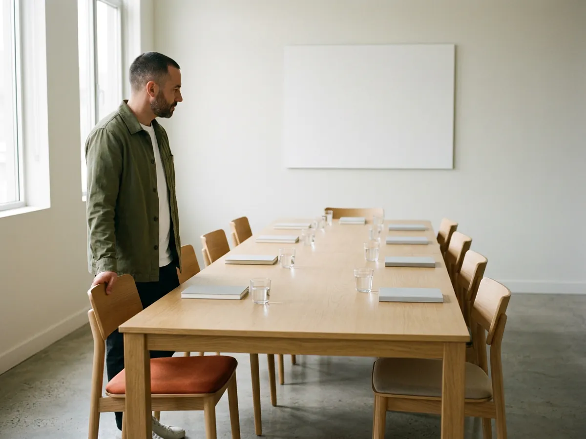 Agency account director standing at the head of a long meeting table set with empty chairs, minutes before a client review