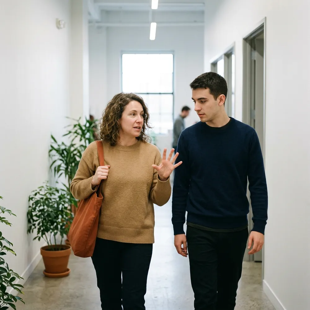 Two agency colleagues walking side by side down a bright office corridor, one talking and one listening closely