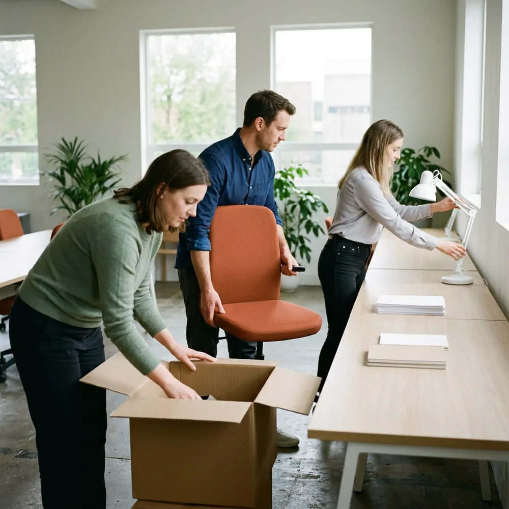 Agency team unpacking boxes and setting up a row of new desks in an open office after winning a new client account