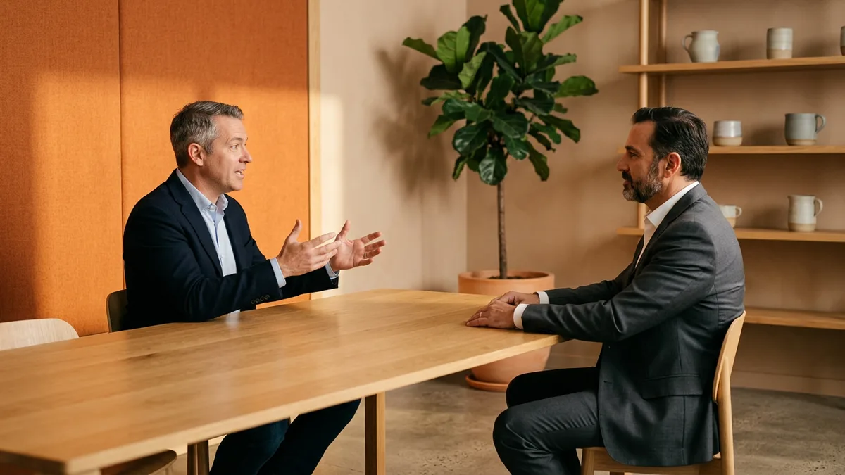 Two executives defining agile coach scope and salary budget across a conference table