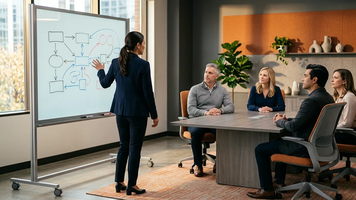 Agile coach facilitating a whiteboard working session with a delivery team