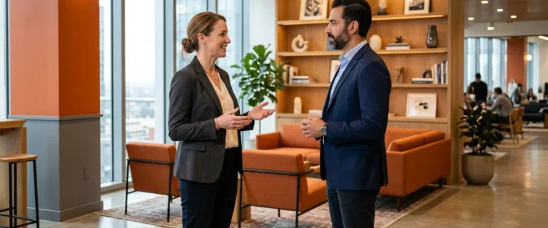 Two hiring leaders discussing agile coach salary bands in a modern office lobby
