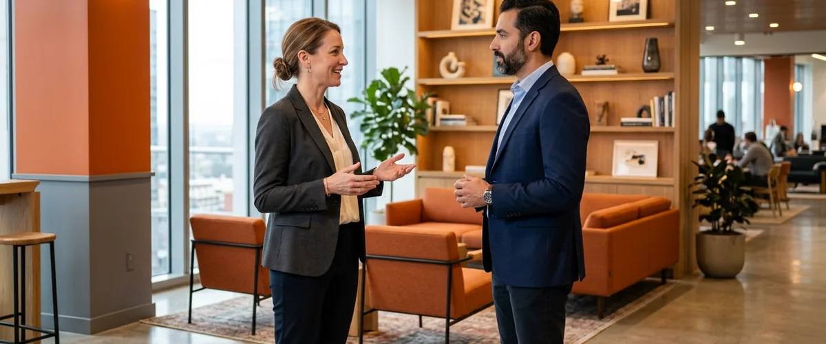 Two hiring leaders discussing agile coach salary bands in a modern office lobby
