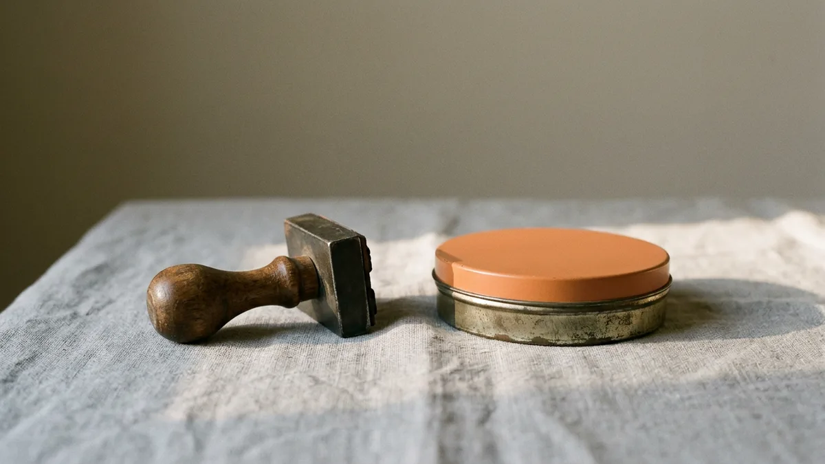 Wooden-handled rubber stamp beside a closed orange ink tin, a nod to the invoice dates that drive a receivables aging