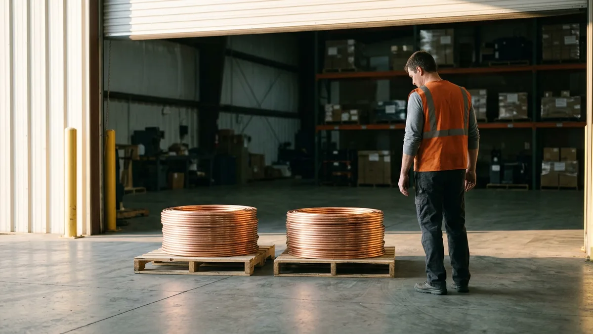 Warehouse worker in an orange safety vest looking at two identical pallets of copper tubing coils, the result of an AI agent placing a duplicate order