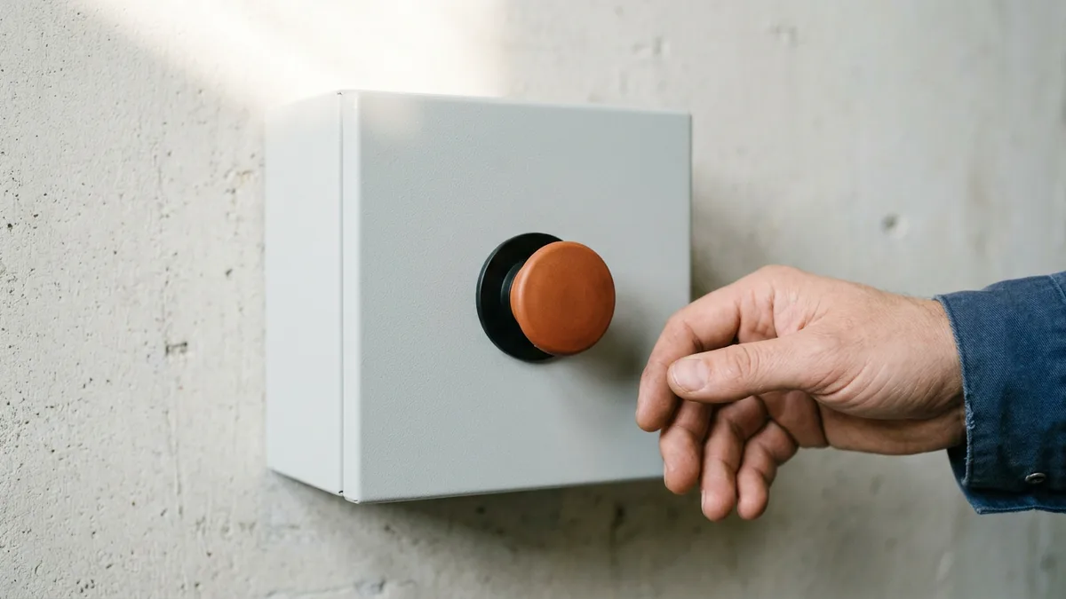 Hand resting beside an orange emergency stop button on a plain gray control box, representing the limits an AI agent engineer builds into agent tools