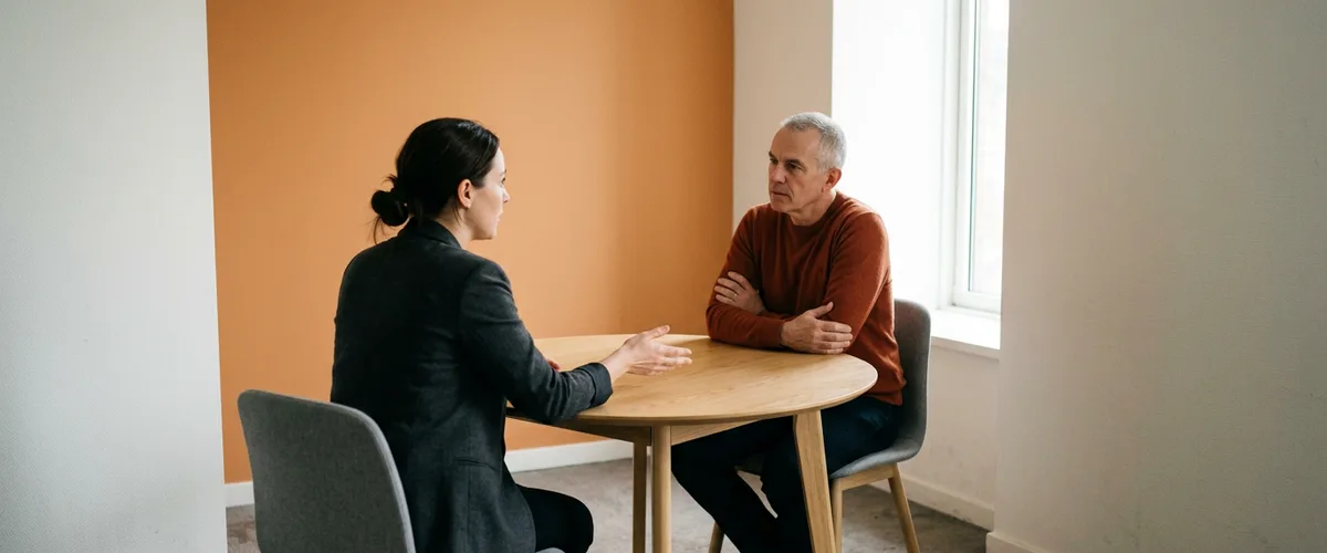 Candidate explaining an answer to a hiring manager with folded arms across a small round table during an AI agent engineer interview