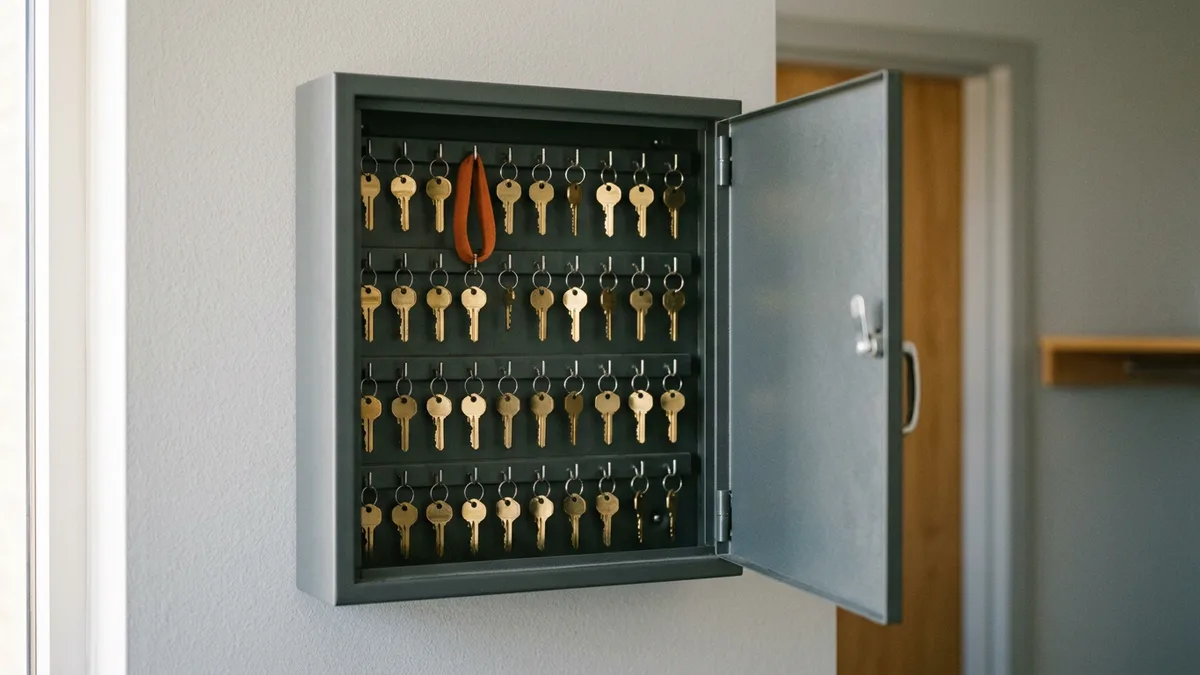 Open wall-mounted key cabinet with rows of brass keys and one key on an orange loop, a picture of deciding what an AI agent is allowed to access