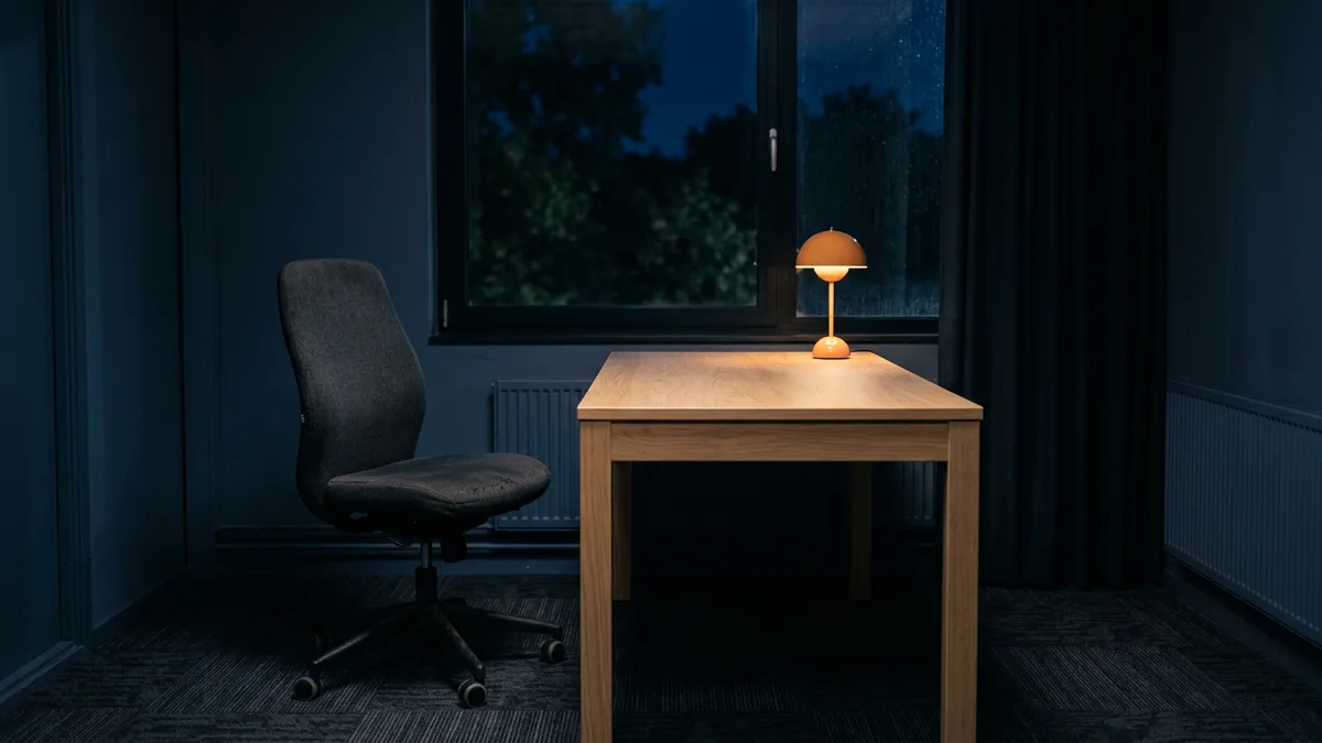 Empty office at night with an orange desk lamp lit on a bare oak desk and a dark office chair pushed back