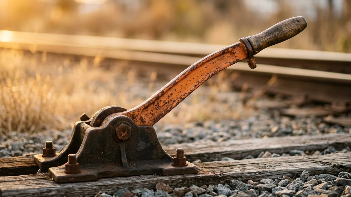 Rust-flecked orange railway switch lever bolted to a weathered wooden tie beside blurred rails at golden hour