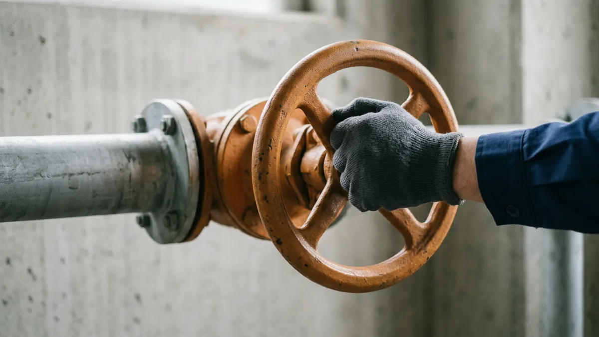 Gloved hand turning an orange cast-iron valve wheel on a grey steel pipe against a concrete wall