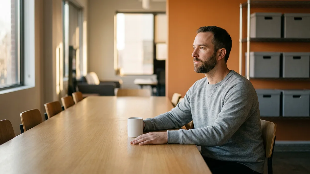 Man sitting alone at a long office table, illustrating the ownership seat that keeps an internal AI assistant current