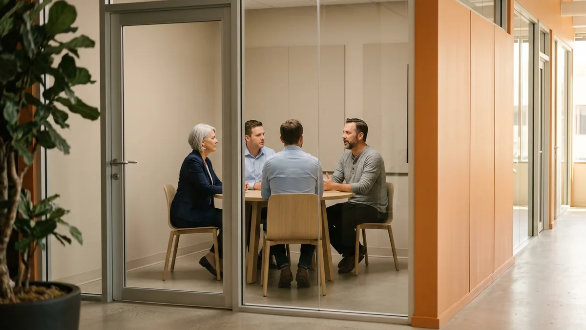 Meeting seen through a glass office wall, illustrating permissions and access control on an internal AI assistant