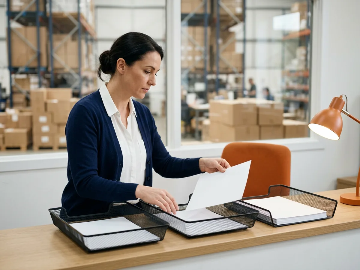Operations manager at a wholesale distributor order desk sorting blank paperwork into three black wire trays, warehouse racking visible through the window behind her and an orange desk lamp on the counter