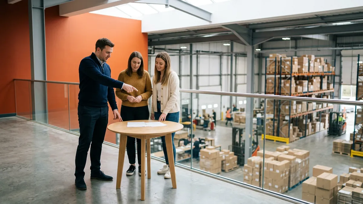 Three colleagues at a round standing table on a mezzanine office overlooking a distribution warehouse floor, one pointing down at the racking, with a burnt orange accent wall on the left