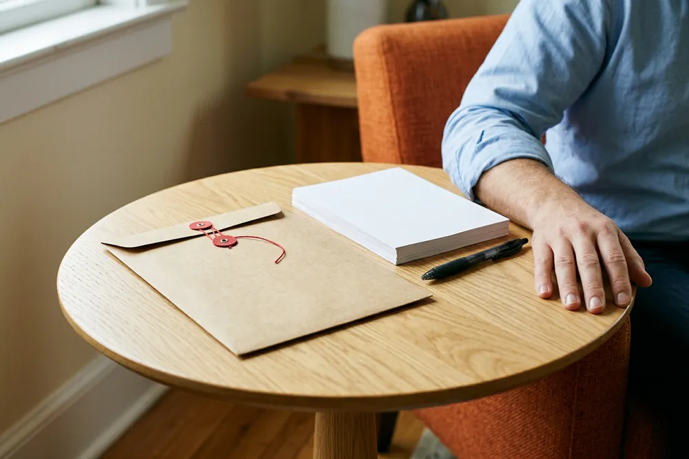 Plain kraft interoffice envelope with a red string and button closure on a round oak table beside a stack of blank paper and a black pen, an orange chair behind