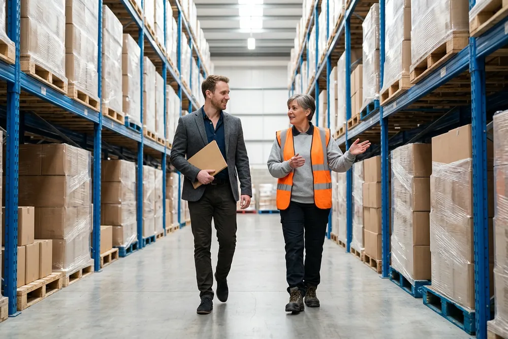 Consultant in a charcoal blazer holding a kraft folder walks a warehouse aisle with a warehouse lead in an orange safety vest who gestures toward the pallet racking