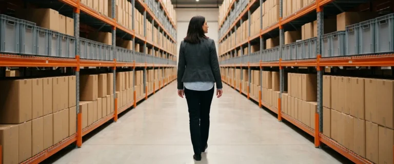 Operations manager walking an organized distribution warehouse aisle, the physical version of a clean item master