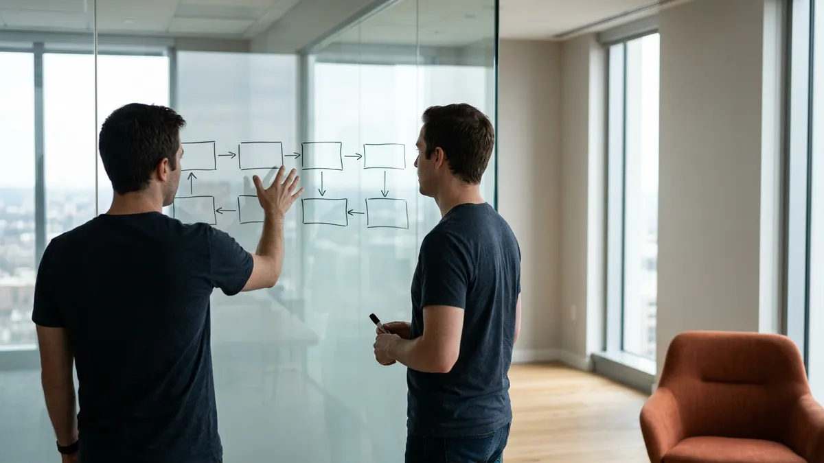 Two engineers sketching an abstract boxes and arrows diagram on a glass office wall while talking it through