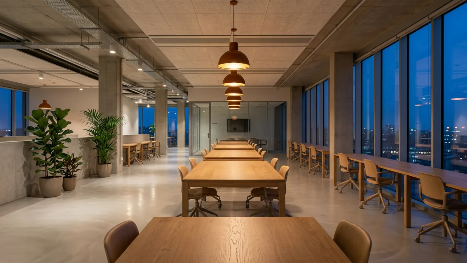 An empty open plan engineering office at dusk lit by warm orange pendant lights